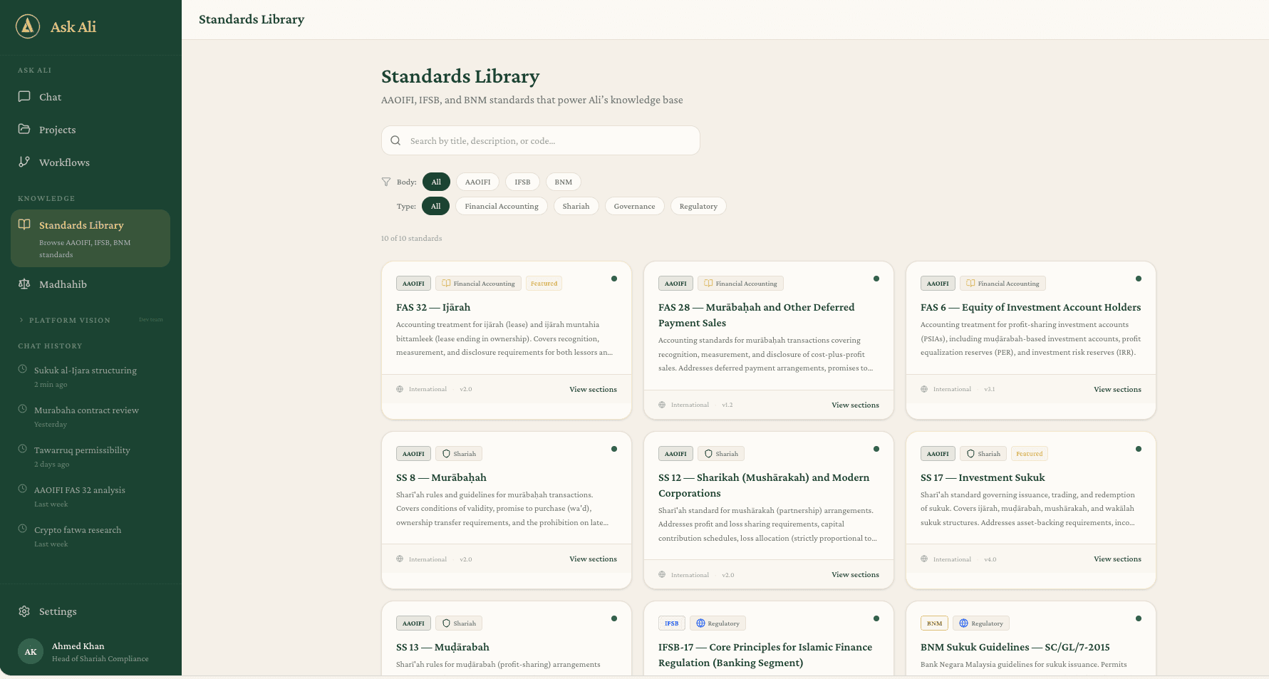 Ask Ali:Standards library with AAOIFI, IFSB, and BNM coverage
