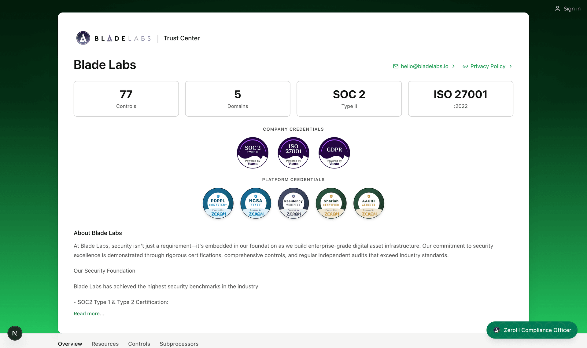 Blade Labs trust center — live deployment