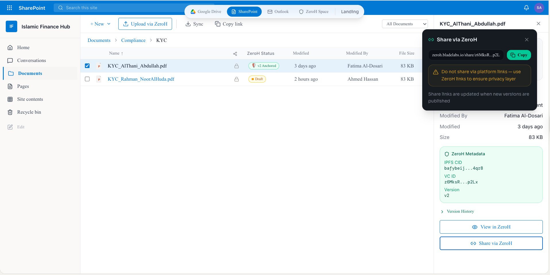 ZeroH Disclosure selectively sharing redacted content into SharePoint with on-soil tamper-evident anchoring