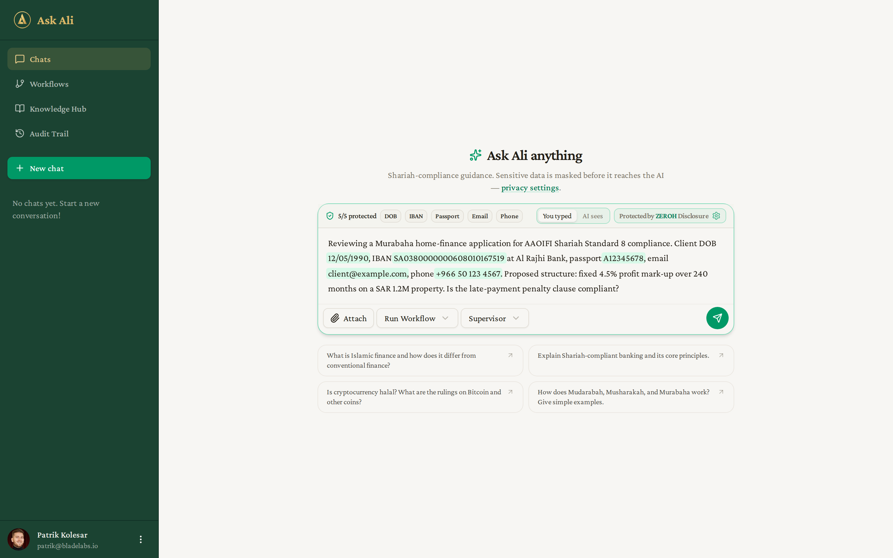 Ask Ali masking sensitive client data — DOB, IBAN, passport, email, phone — before the prompt reaches the AI